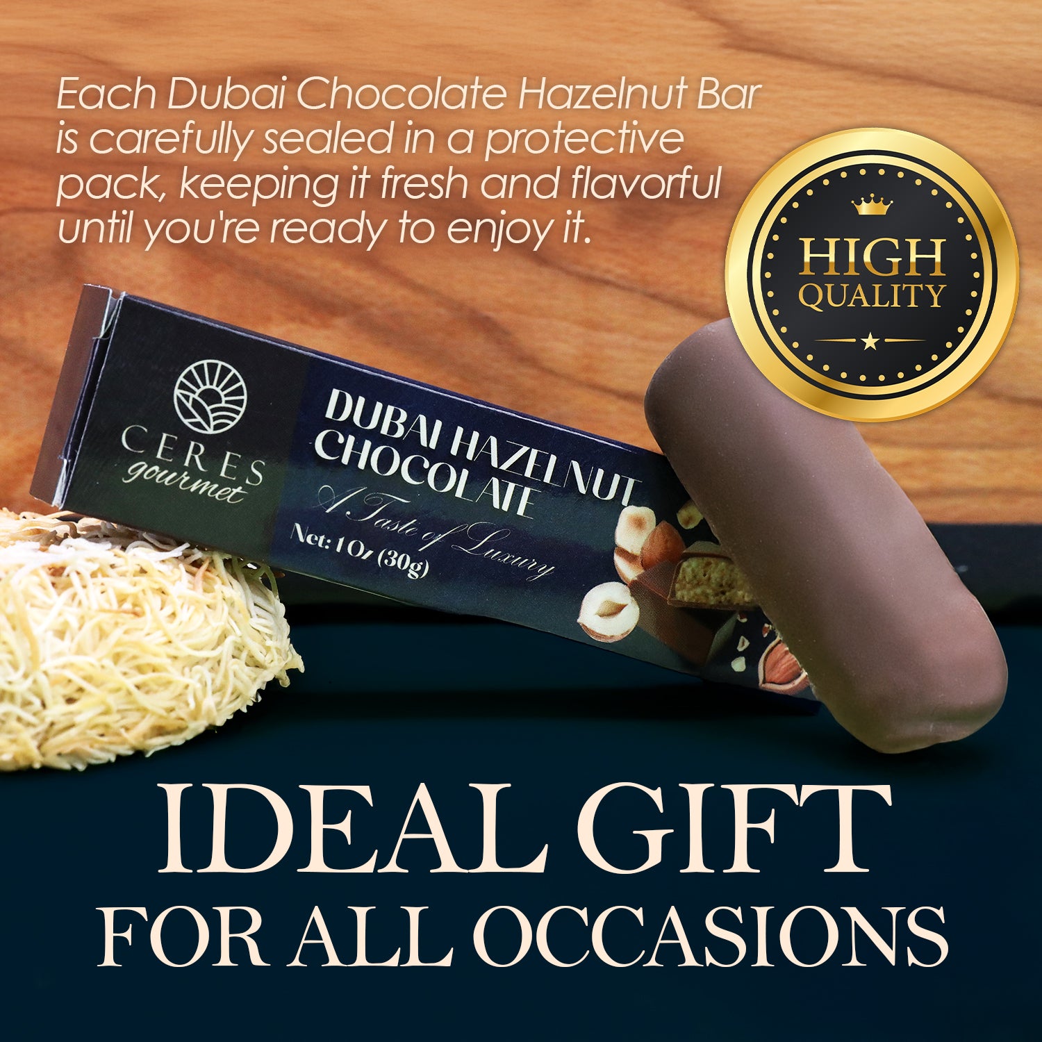 Ceres Gourmet Dubai Chocolate Hazelnut Mini Bars - 3 Pack (1oz each) are displayed on a wooden surface with straw, highlighting these premium chocolates as a high-quality gift perfect for any occasion.