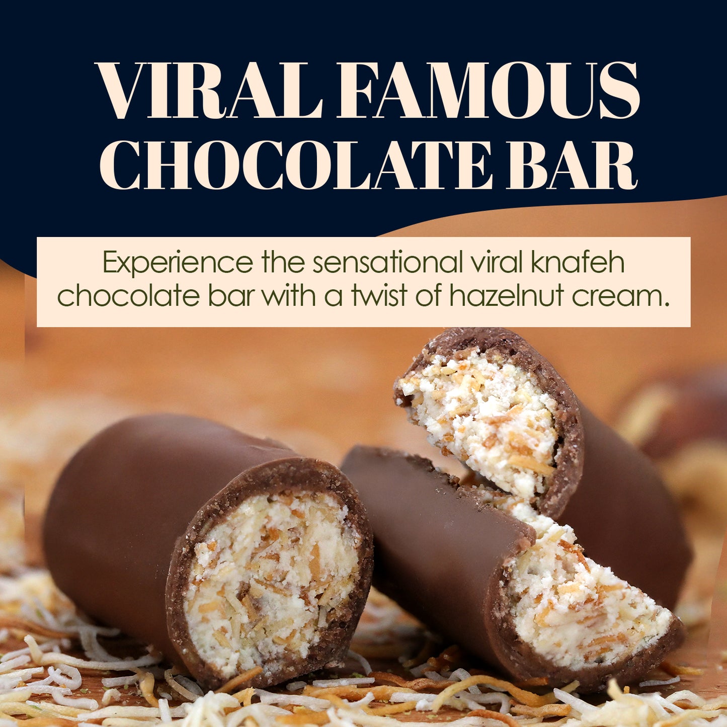 Close-up of a sliced Ceres Gourmet Dubai Chocolate Hazelnut Mini Bar, revealing its white textured filling atop shredded nuts. Text above reads, “Viral Famous Chocolate Bar,” highlighting this trending 3-pack treat (1oz each).