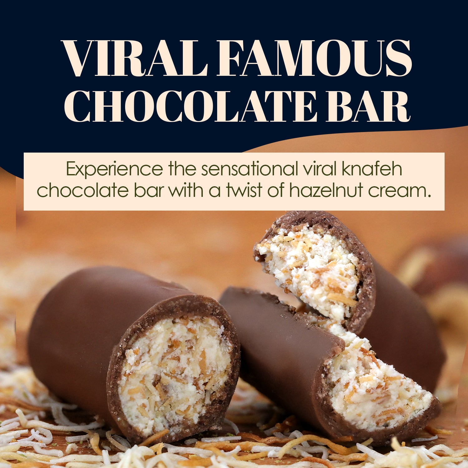 Close-up of a sliced Ceres Gourmet Dubai Chocolate Hazelnut Mini Bar, revealing its white textured filling atop shredded nuts. Text above reads, “Viral Famous Chocolate Bar,” highlighting this trending 3-pack treat (1oz each).
