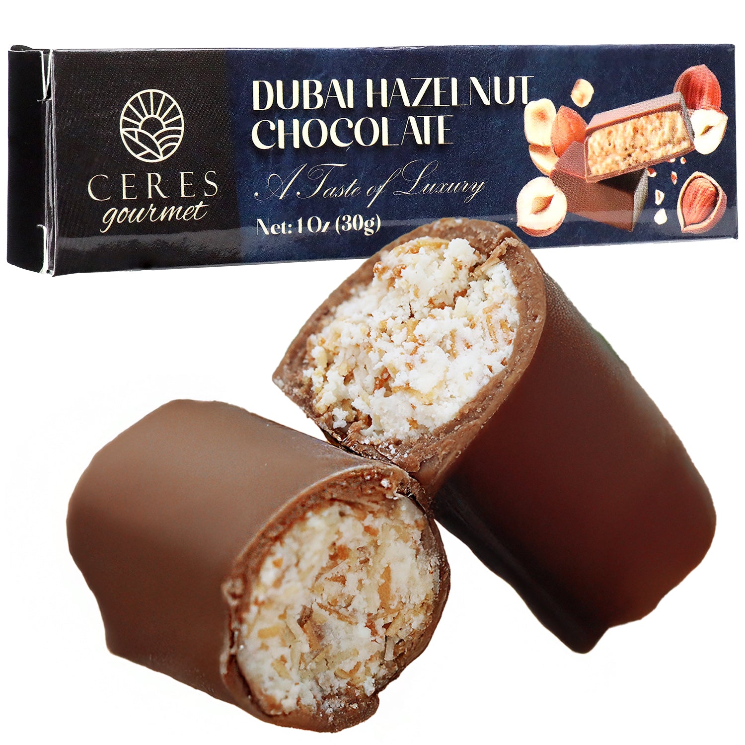 Ceres Gourmets Dubai Chocolate Hazelnut Mini Bars (3 Pack, 1oz each) are shown, with the package in back and a halved chocolate bar in front revealing a creamy, nutty center; hazelnuts decorate the packaging.