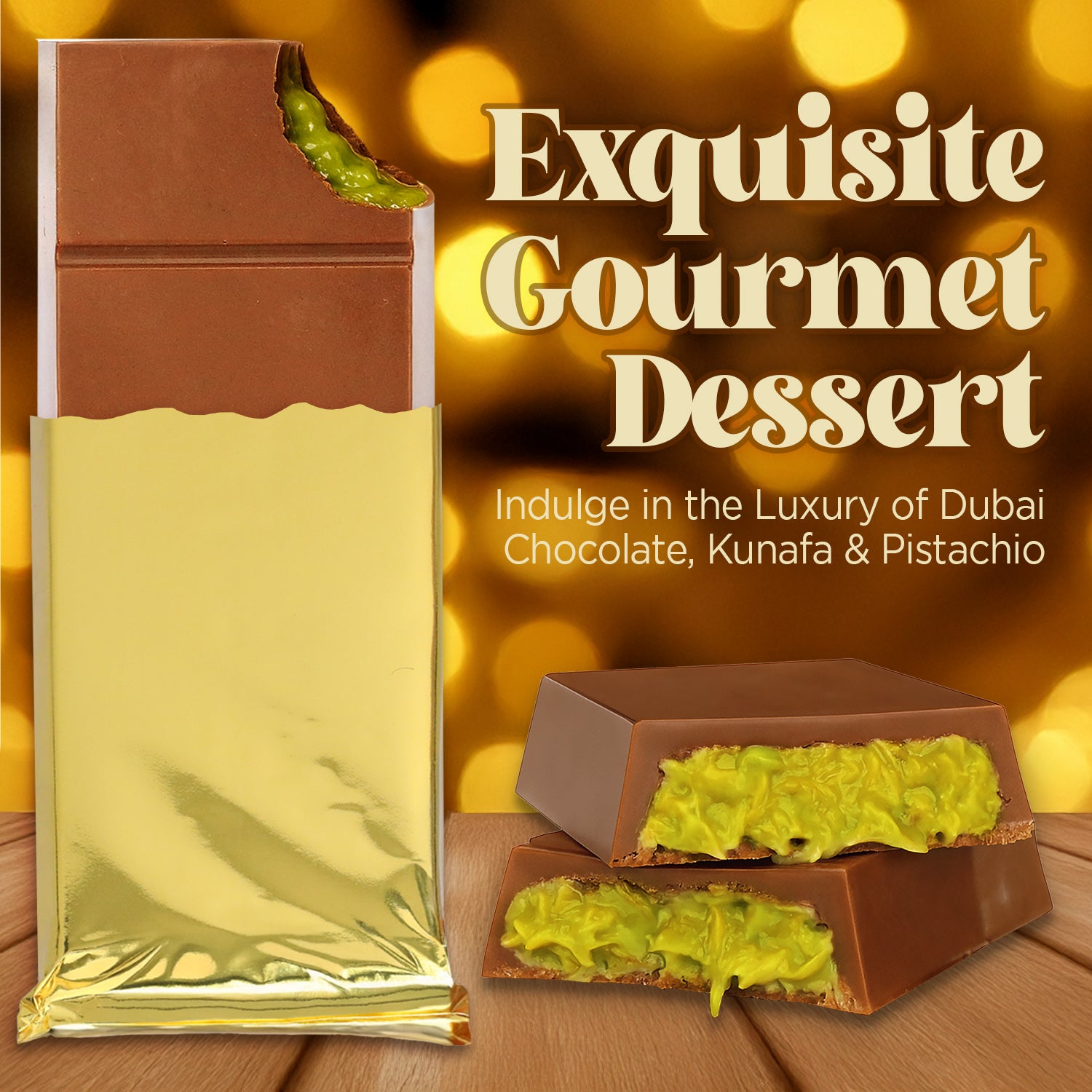 Chocolate dessert packaging with gold foil and green filling on a wooden surface, labeled 'Exquisite Gourmet Dessert' with Dubai chocolate and Kunafa.