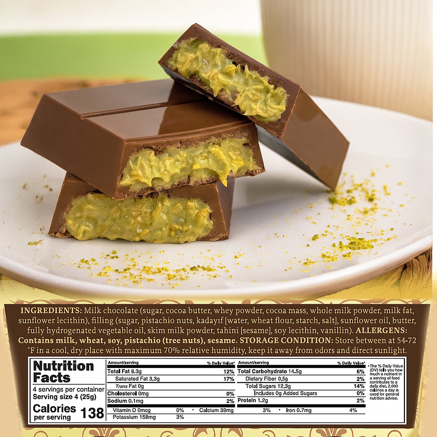 Three Dubai Chocolate Kataifi and Pistachio bars by Ceres Gourmet are stacked on a plate, showing rich greenish-yellow filling and ground pistachio garnish. Dark, white, and milky varieties included; ingredients and nutrition facts appear below.