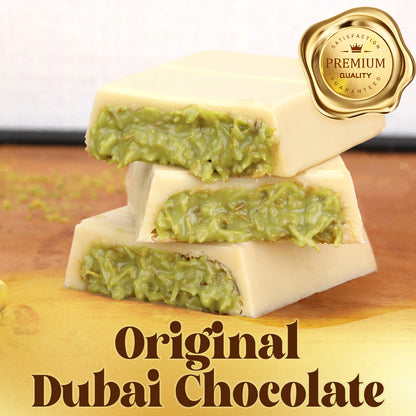 Three pieces of Dubai Chocolate Kataifi and Pistachio by Ceres Gourmet are stacked on wood. A gold "Premium Quality" badge is in the top right, with “Original Dubai Chocolate” below. Gold Package includes Dark, White & Milky (3.5 oz).