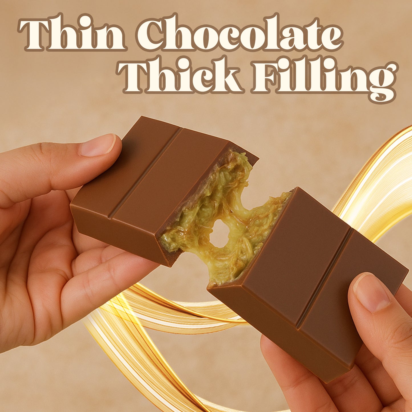 Chocolate bar with a thick green filling held by hands against a beige background