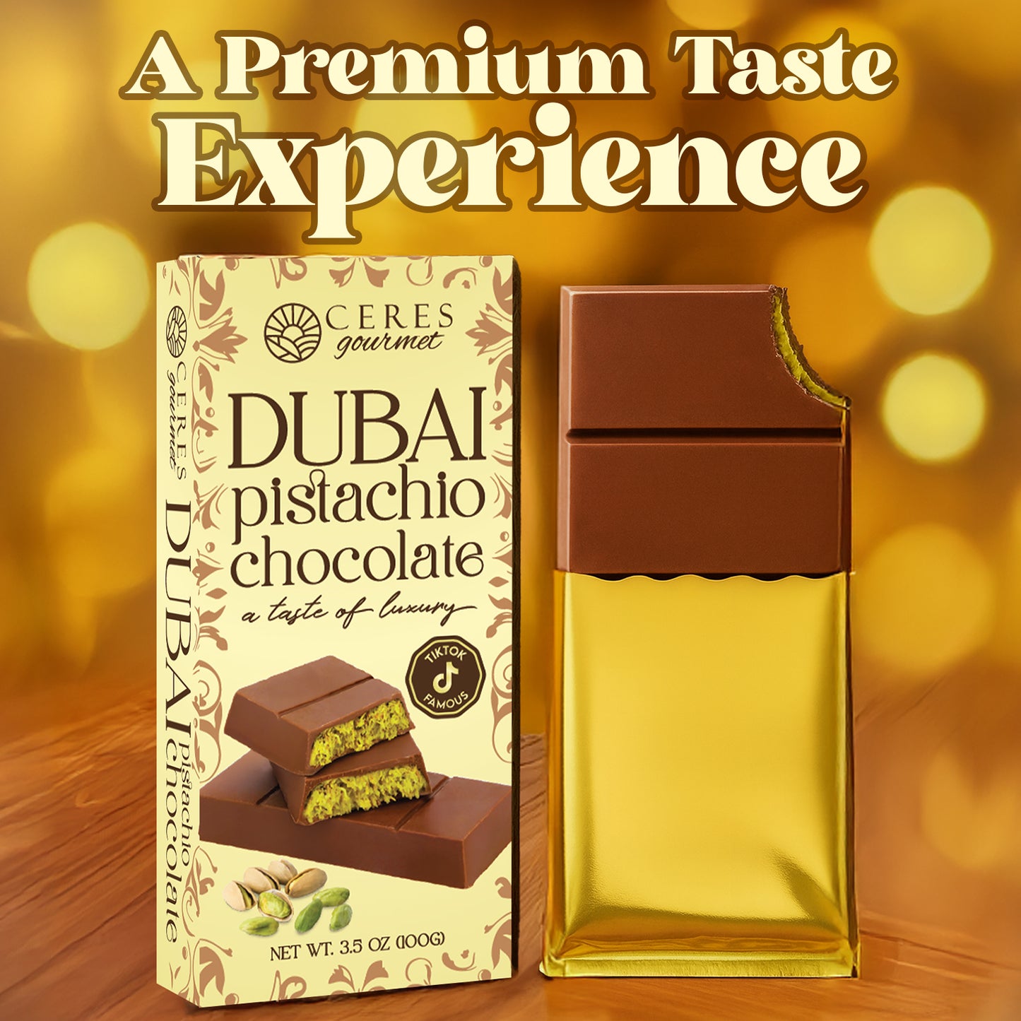Ceres Gourmet Dubai Pistachio chocolate packaging with a gold background