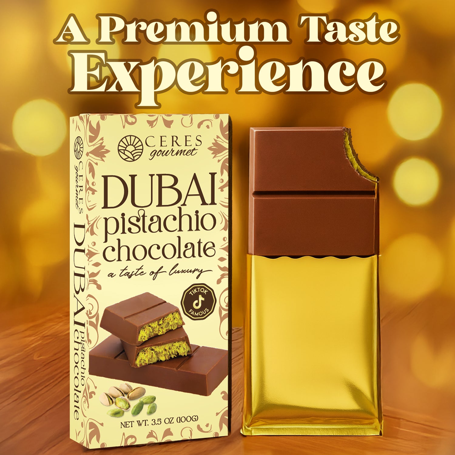 Ceres Gourmet Dubai Pistachio chocolate packaging with a gold background