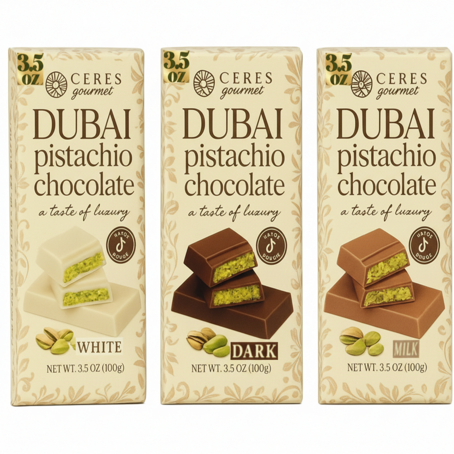 Three boxes of Ceres Gourmet Dubai Pistachio Chocolate with different flavors on a white background.