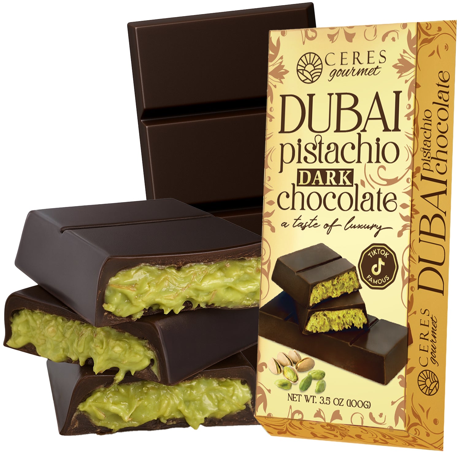 Ceres Gourmet's Dubai Chocolate Kataifi and Pistachio features dark, white, and milky chocolate with a green pistachio filling. The 3.5 oz bar comes in gold packaging adorned with pistachios, evoking Middle Eastern luxury.