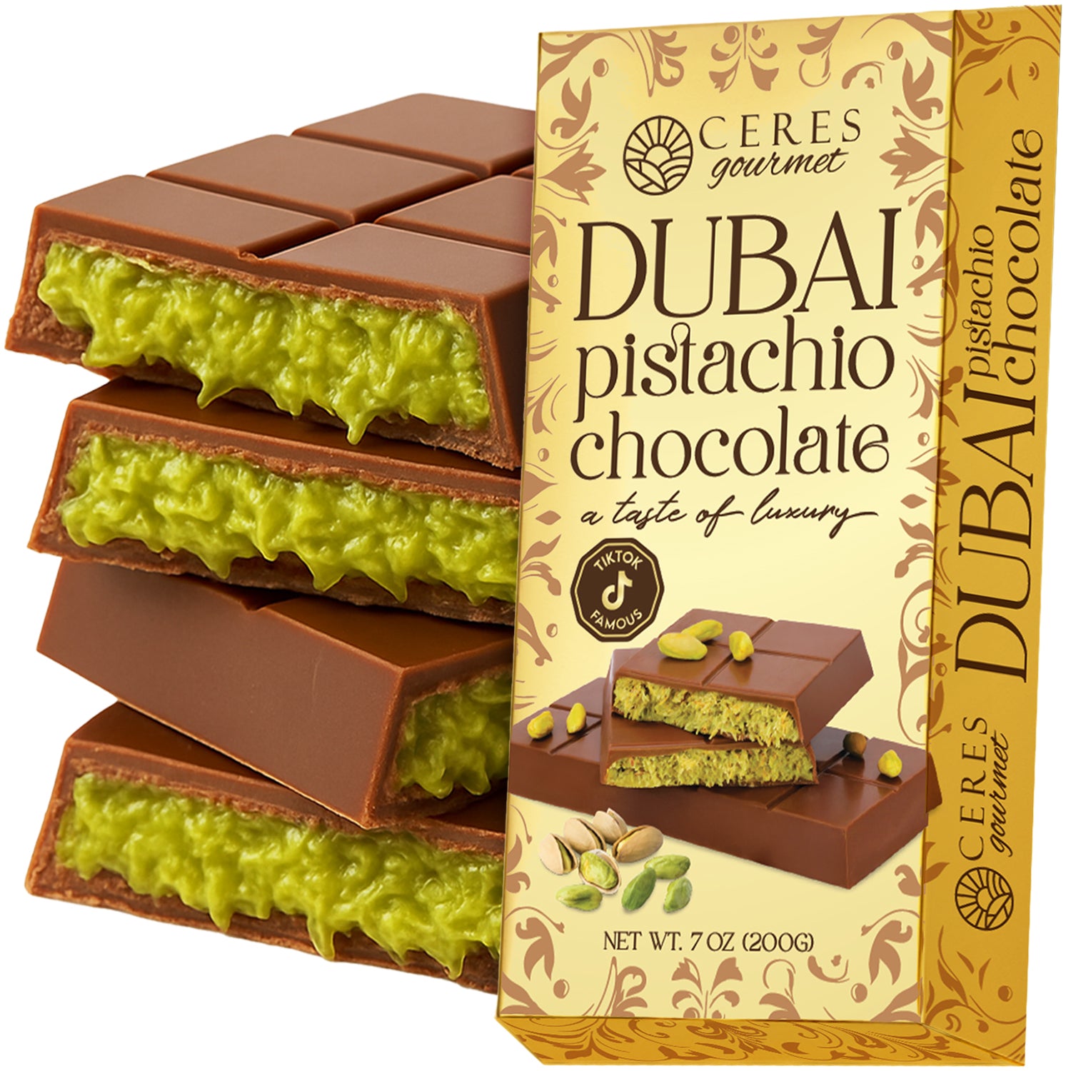 A stack of Ceres Gourmet Dubai Chocolate Kunafa Pistachio 7oz Bars is shown next to a decorative box, inspired by Middle Eastern desserts and featuring images of chocolate and pistachios.
