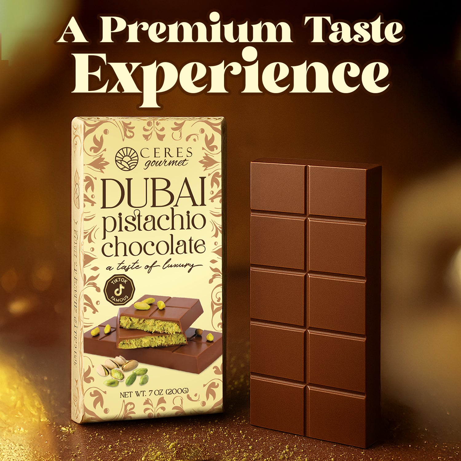 A Ceres Gourmet Dubai Chocolate Kunafa Pistachio Indulge in the Irresistible Delight 7oz Bar stands upright with gold and cream packaging, featuring chocolate and pistachios. Above, large text states: “A Premium Taste Experience.”.