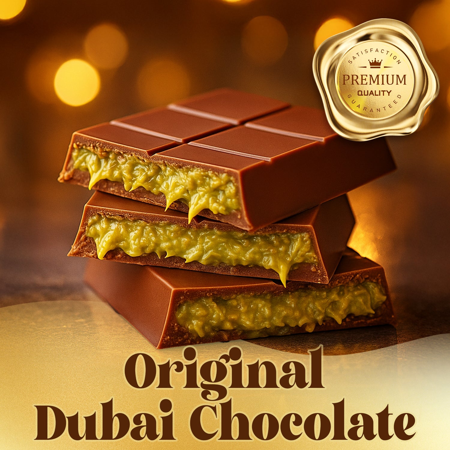 Three stacked Ceres Gourmet Dubai Chocolate Kunafa Pistachio 7oz Bars with creamy pistachio filling are shown before a warm, blurred background. A gold badge reads "Premium Quality." Text below says: Inspired by Middle Eastern desserts.