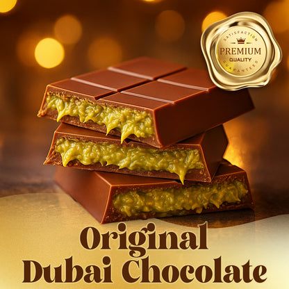 Three stacked Ceres Gourmet Dubai Chocolate Kunafa Pistachio 7oz Bars with creamy pistachio filling are shown before a warm, blurred background. A gold badge reads "Premium Quality." Text below says: Inspired by Middle Eastern desserts.