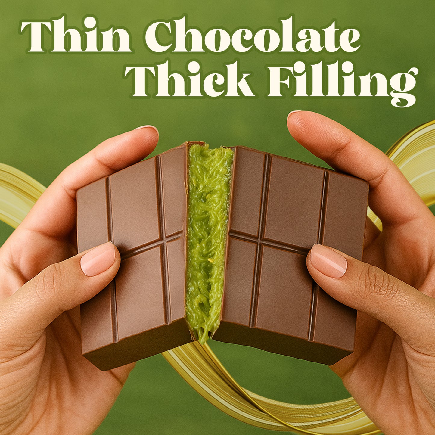 Two hands break apart a Ceres Gourmet Dubai Chocolate Kunafa Pistachio Indulge Bar, revealing rich pistachio cream inside. The green background features bold text: "Thin Chocolate Thick Filling—a tribute to Middle Eastern desserts.