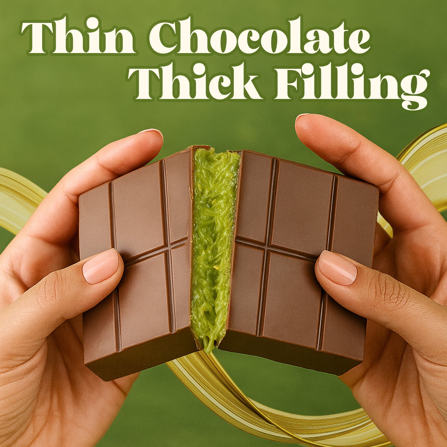 Two hands break apart a Ceres Gourmet Dubai Chocolate Kunafa Pistachio Indulge Bar, revealing rich pistachio cream inside. The green background features bold text: "Thin Chocolate Thick Filling—a tribute to Middle Eastern desserts.