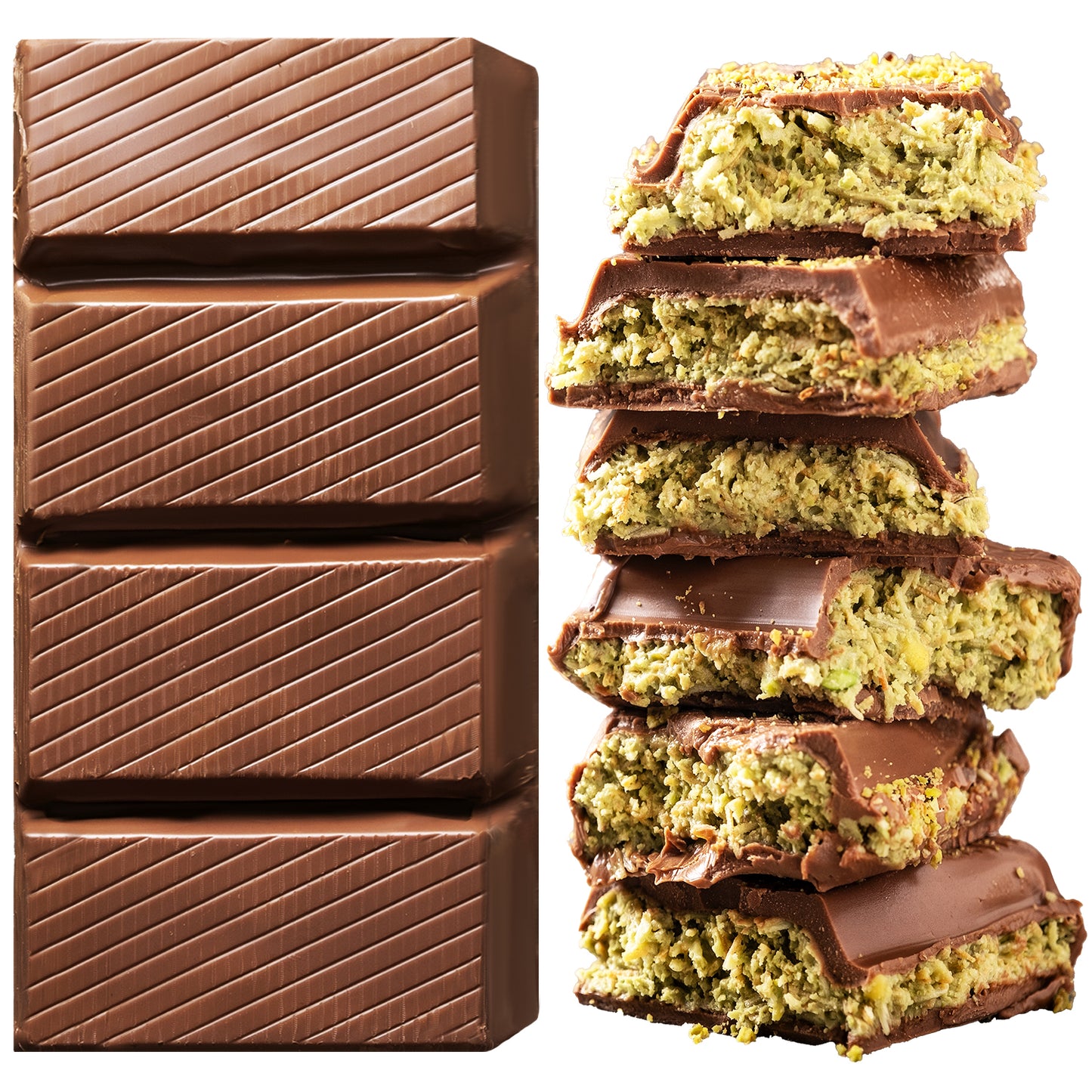 The Ceres Gourmet Dubai Chocolate Kunafa Pistachio Bar 7oz - Tiktok, a handmade delight, features four chocolate segments beside broken pieces that reveal a textured, green nutty filling inside.