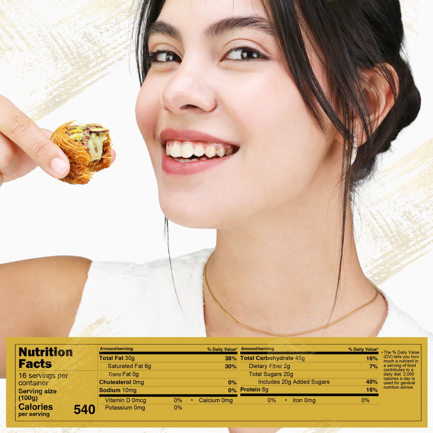 A smiling woman holds a piece of Ceres Gourmet Dubai Chocolate Pistachio Baklava with Kataifi, ready to eat. A yellow nutrition facts label displaying calories and nutritional info is in the foreground; the background is plain and light-colored.