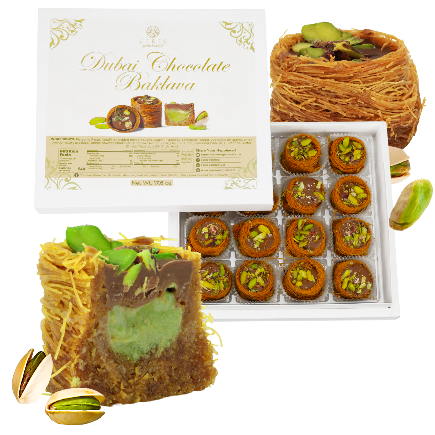 Ceres Gourmet Dubai Chocolate Pistachio Baklava with Kataifi features individual pieces of rich pastry layered with chocolate and pistachios, topped with whole and shelled pistachios for an authentic Middle Eastern dessert experience.