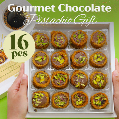 A person holds an open box of 16 Ceres Gourmet Dubai Chocolate Pistachio Baklava with Kataifi. The text reads Gourmet Chocolate Pistachio Gift, 16 pcs. A cup of coffee rests on a green surface nearby.