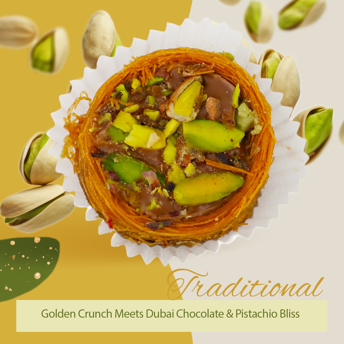 A round Dubai Chocolate Pistachio Baklava with Kataifi by Ceres Gourmet rests in a white paper cup, topped with chopped pistachios and surrounded by floating whole pistachios on a yellow and beige background.