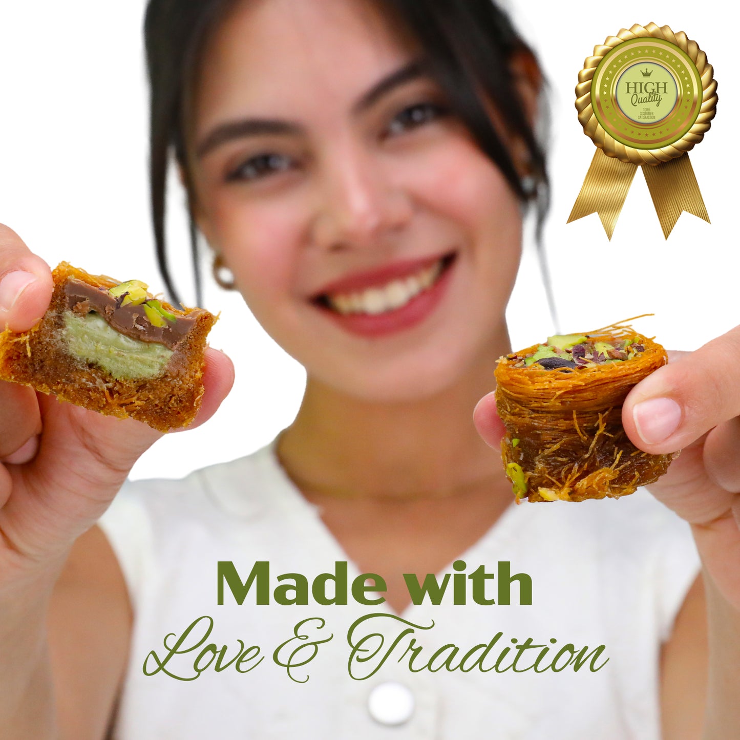 A smiling woman holds two pieces of Ceres Gourmet Dubai Chocolate Pistachio Baklava with Kataifi towards the camera. A gold High Quality badge appears at the top right. The text below reads, Made with Love & Tradition.