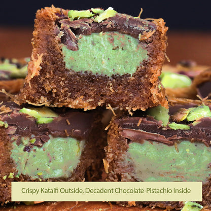 A close-up of Ceres Gourmet’s Dubai Chocolate Pistachio Baklava with Kataifi—crispy kataifi pastry, a rich pistachio layer, and chocolate topping stacked in squares—a unique twist on traditional baklava.