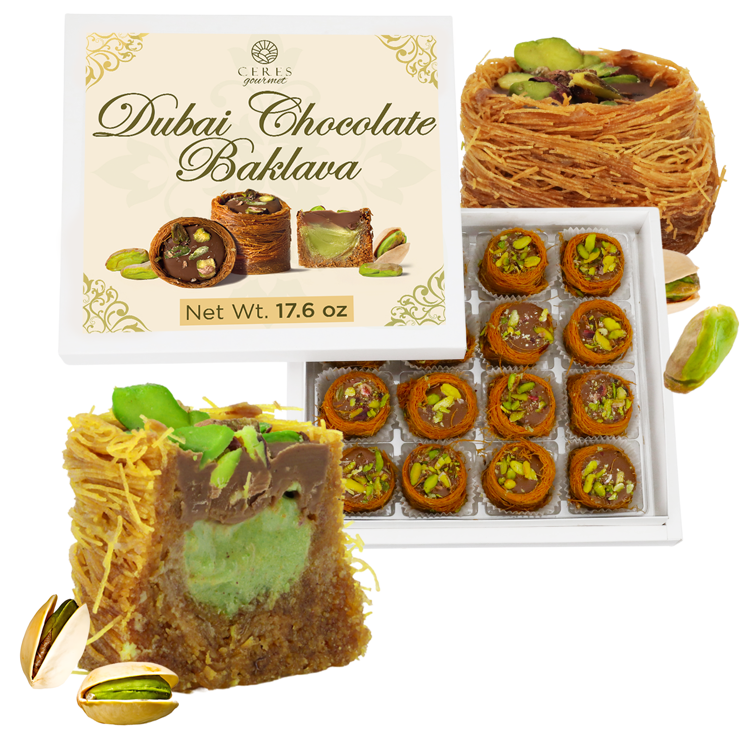 Dubai Chocolate Baklava with packaging and pistachios on a white background