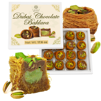 Dubai Chocolate Baklava with packaging and pistachios on a white background