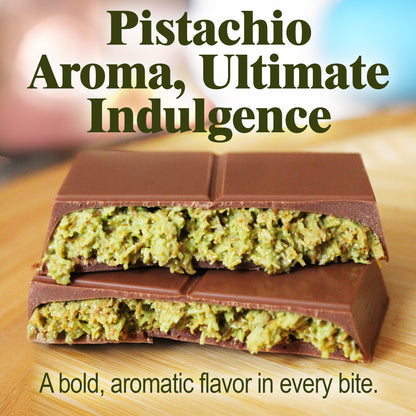 A chocolate bar with green pistachio filling is broken in half to reveal its creamy center. Ceres Gourmet Dubai Chocolate Pistachio Bar 3.5 Oz Square, Luxury Halloween Chocolate—bold, aromatic flavor inspired by Middle Eastern desserts in every bite.