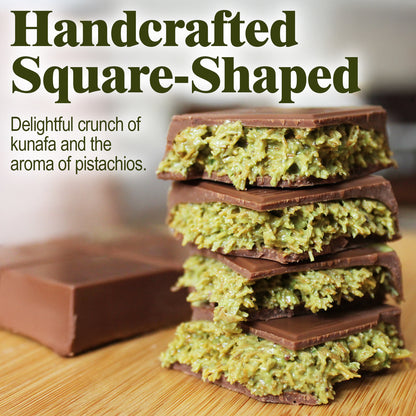 Four square-shaped Dubai Chocolate Pistachio Bars by Ceres Gourmet, filled with pistachio and kunafa, are stacked on wood. Text: Handcrafted Luxury Halloween Chocolate—enjoy the Middle Eastern crunch and rich aroma of this gourmet treat.