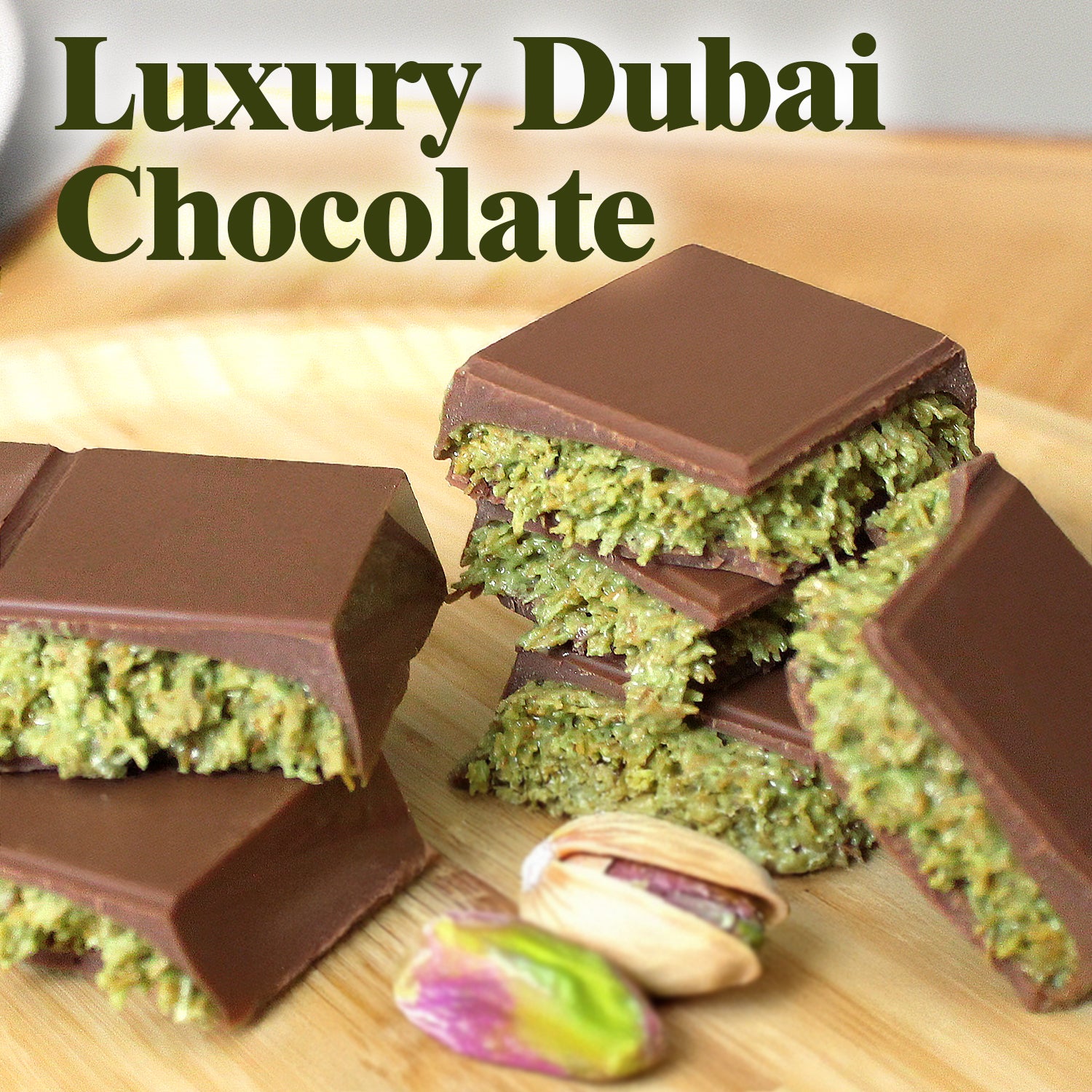 Pieces of Ceres Gourmet Dubai Chocolate Pistachio Bar 3.5 Oz Square are stacked on a wooden board, pistachio nuts in front. The text “Luxury Halloween Chocolate” appears above, highlighting this gourmet treat inspired by Middle Eastern desserts.