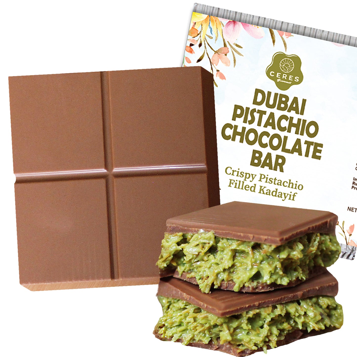 Ceres Gourmet's Dubai Chocolate Pistachio Bar 3.5 Oz Square is a luxury Halloween treat, featuring milk chocolate squares with green pistachio and crispy filling—beautifully packaged and inspired by Middle Eastern desserts.