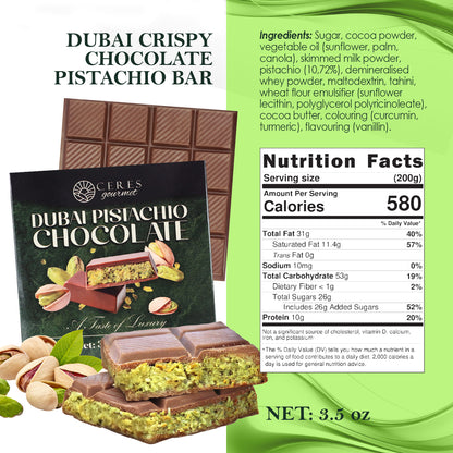 A product image of the Ceres Gourmet Dubai Chocolate Pistachio Bar Mlky Chocolate & Crispy Knafeh (3.5oz) showcases premium pistachio, milk chocolate, crispy knafeh layers, and nutrition facts—ideal as a gourmet gift.