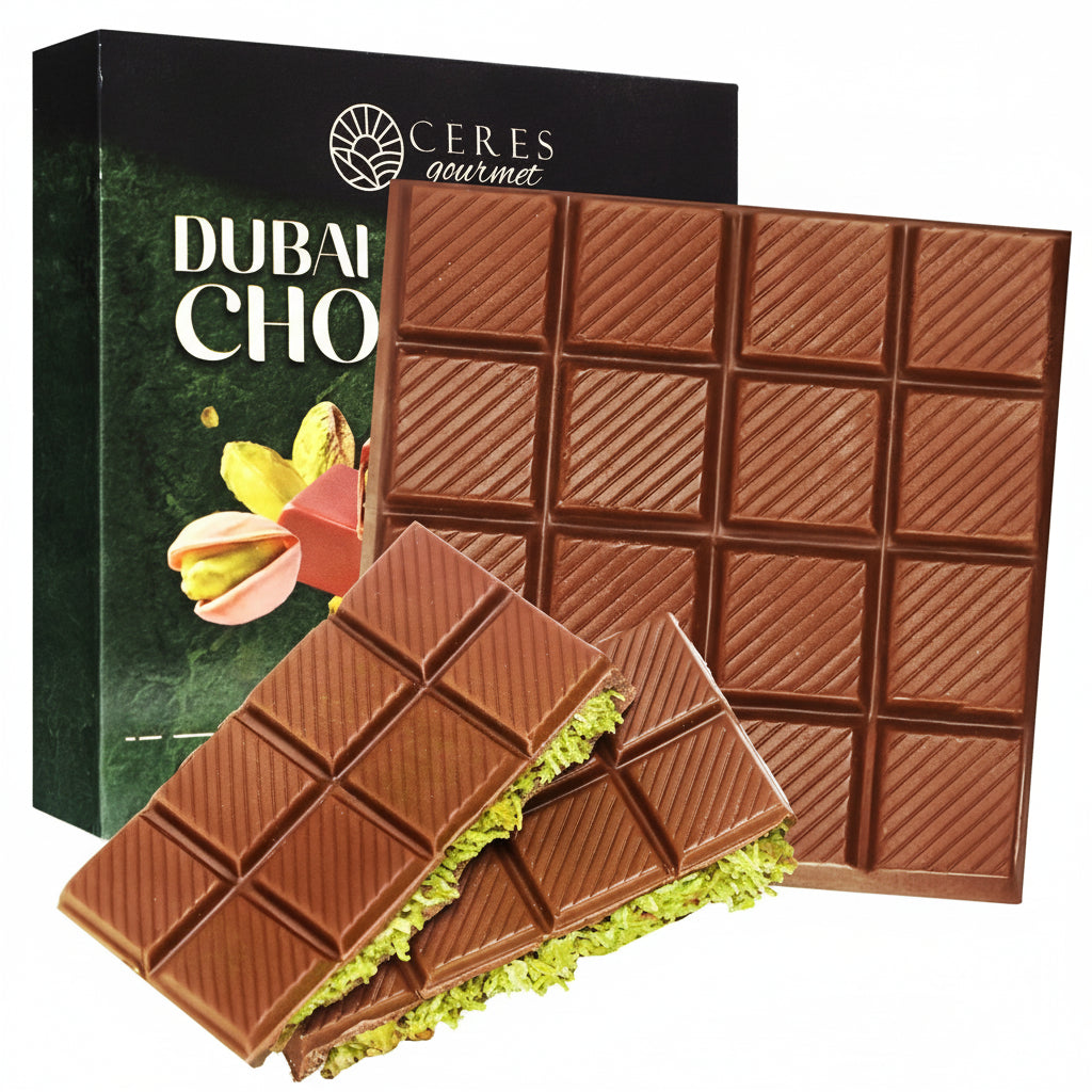 A box labeled Ceres Gourmet Dubai Chocolate Pistachio Bar Mlky Chocolate & Crispy Knafeh (3.5oz), featuring a gourmet chocolate bar and two pistachio-filled chocolates—ideal for fans of unique Dubai chocolate pistachio treats.