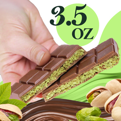 A hand holds two pieces of Ceres Gourmet Dubai Chocolate Pistachio Bar Mlky Chocolate & Crispy Knafeh (3.5oz) with rich green pistachio filling. Pistachios and chocolate in the background make it a perfect gourmet gift.
