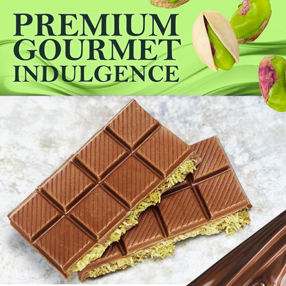 Two Ceres Gourmet Dubai Chocolate Pistachio Bar Mlky Chocolate & Crispy Knafeh (3.5oz) bars are stacked on white, topped with sliced pistachios and green swirls, highlighting: Premium Gourmet Indulgence—experience ultimate pistachio chocolate.