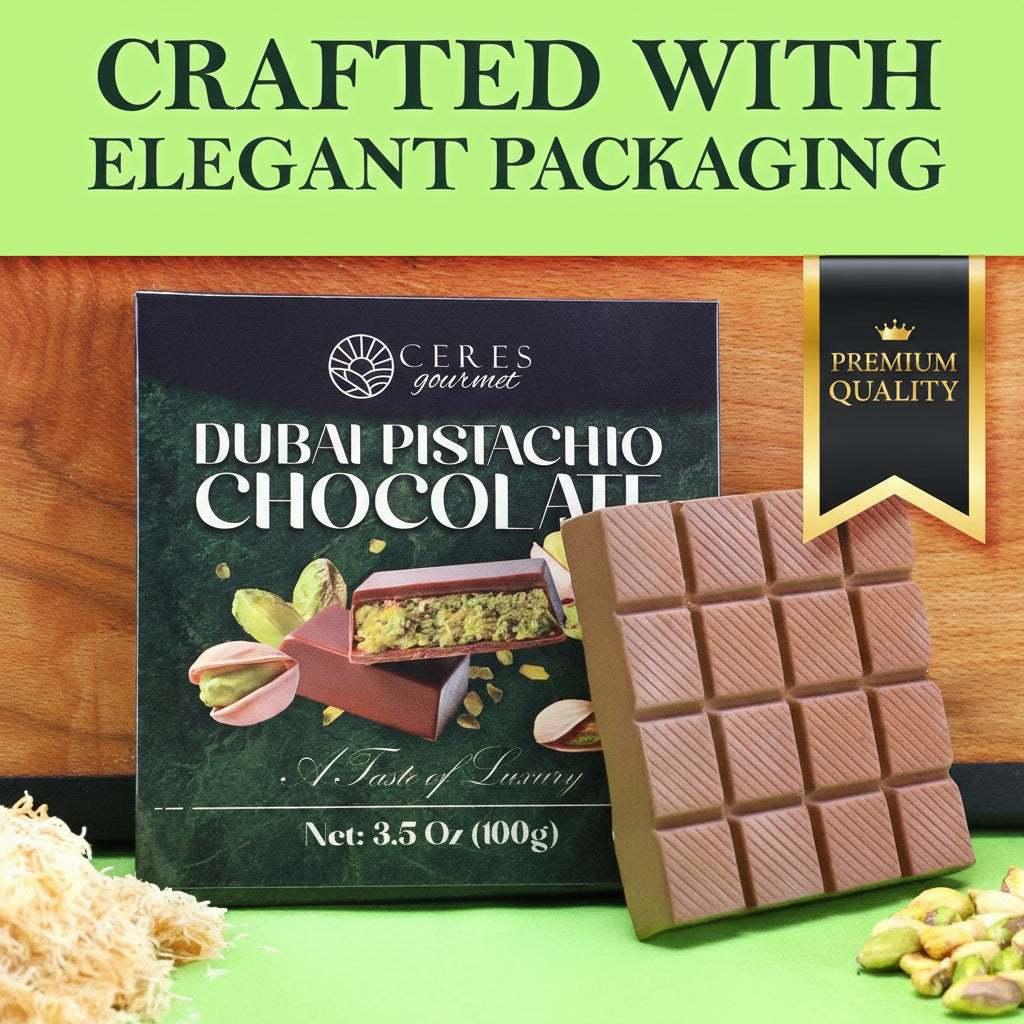 A box of Ceres Gourmet Dubai Chocolate Pistachio Bar Mlky Chocolate & Crispy Knafeh (3.5oz) is shown with a chocolate bar and pistachios in front, offering a luxurious gourmet chocolate gift. Green background header included.