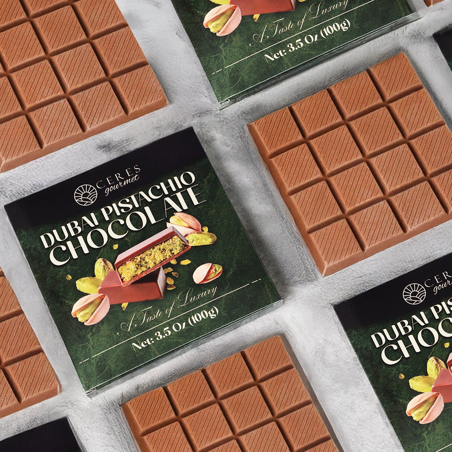 A flat lay of Ceres Gourmet Dubai Chocolate Pistachio Bar Mlky Chocolate & Crispy Knafeh (3.5oz), shown in and out of green packaging on a light surface, with square pieces and pistachios scattered around.