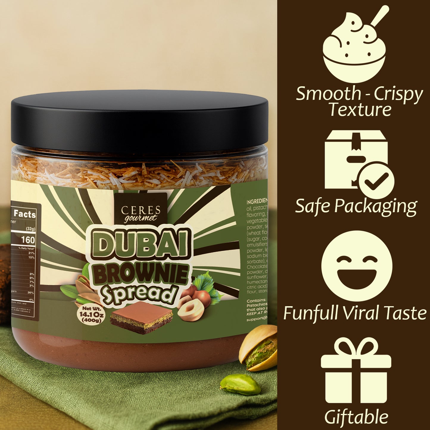 Dubai Chocolate Pistachio Brownie Cake – 14.1 oz