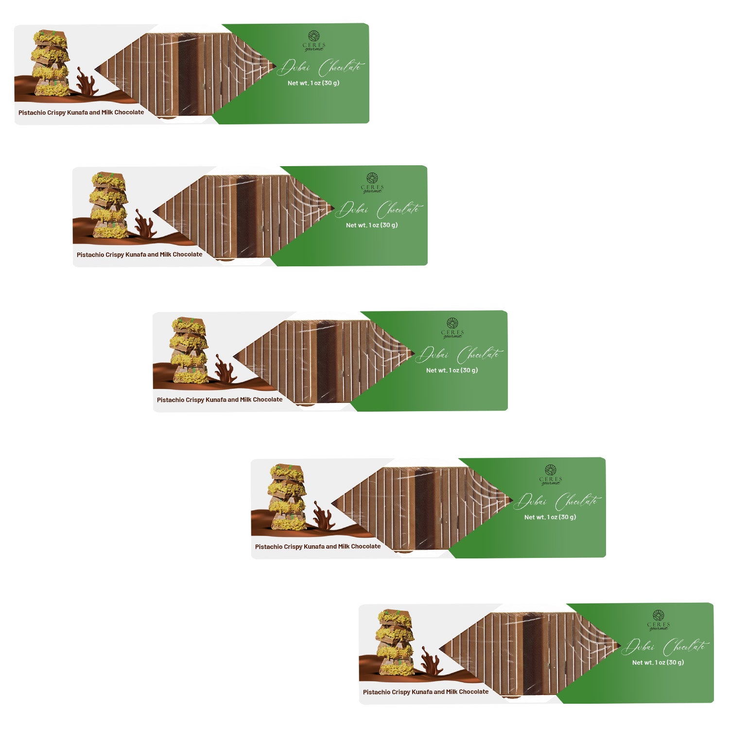 Five identical Ceres Gourmet Dubai Chocolate Pistachio Kataifi Bars 5-Pack boxes, each 1 oz, with crunchy kataifi and elegant branding, are arranged diagonally on a white background—an ideal gourmet gift.