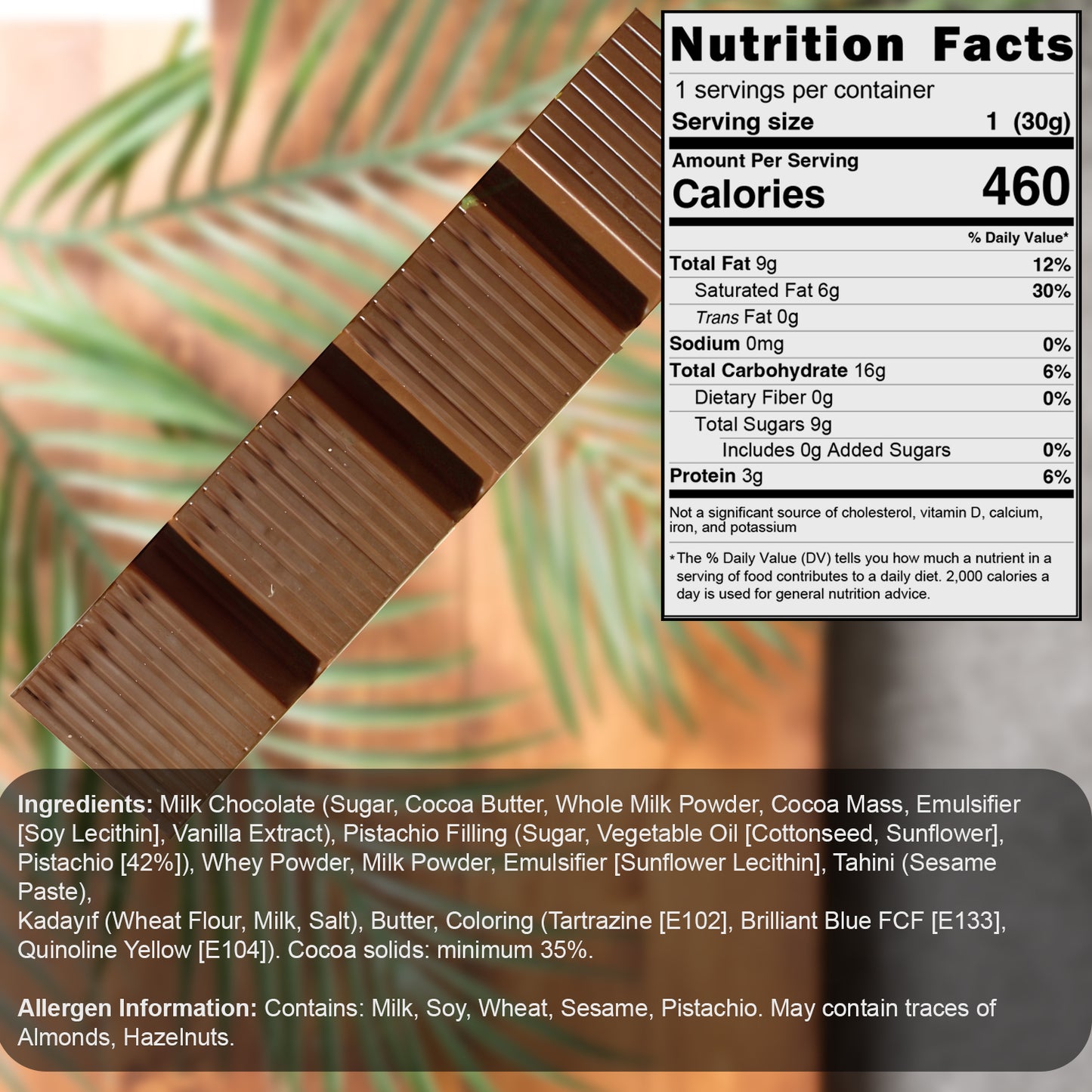 A close-up of Ceres Gourmet Dubai Chocolate Pistachio Kataifi Bars (3 or 5 packs, 1 oz each) with a ridged design on a green palm leaf. Nutrition facts, ingredients, and allergen info overlay make it a perfect gourmet gift for chocolate lovers.