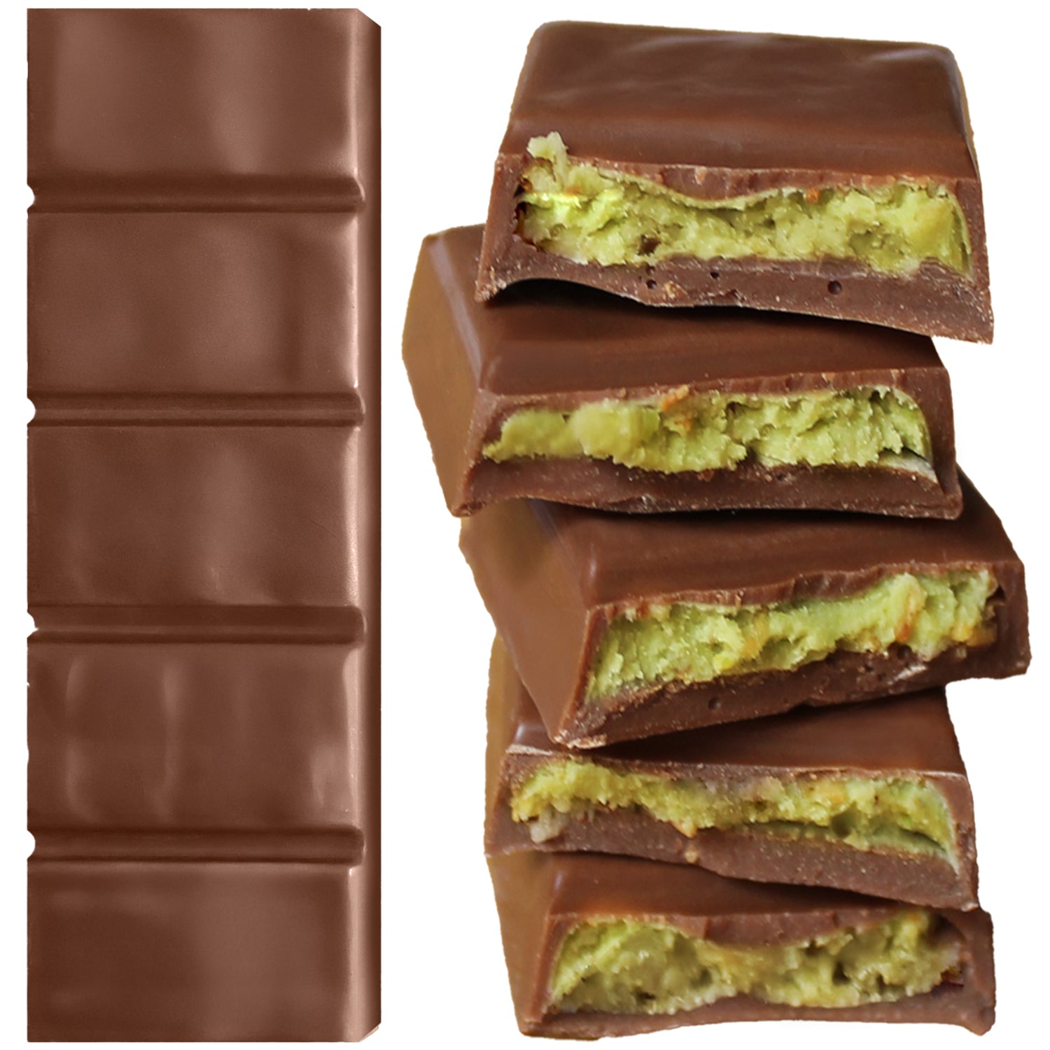 Ceres Gourmet Dubai Chocolate Pistachio Kataifi Bar (1 oz) is shown in four segments with greenish pistachio filling inside—a unique gourmet gift, available in packs of 3 or 5.