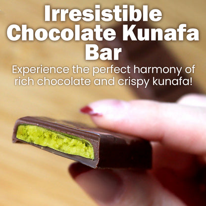 A hand holds a chocolate bar with green, crispy filling. Text reads: "Ceres Gourmet Dubai Chocolate Pistachio Kataifi Bars – Experience the blend of rich chocolate and crunchy kataifi in every 1 oz bar. Available in 3 or 5 packs.