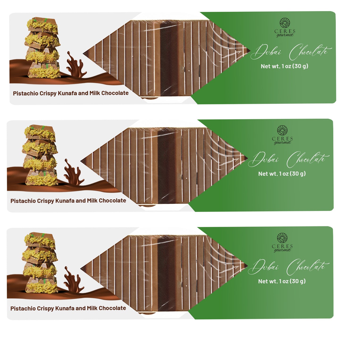 Three identical Ceres Gourmet Pistachio Kataifi Bars wrappers, each 1 oz, showcase stacks of chocolate treats in green and white—a perfect gourmet Dubai chocolate gift available in 3 or 5 packs.