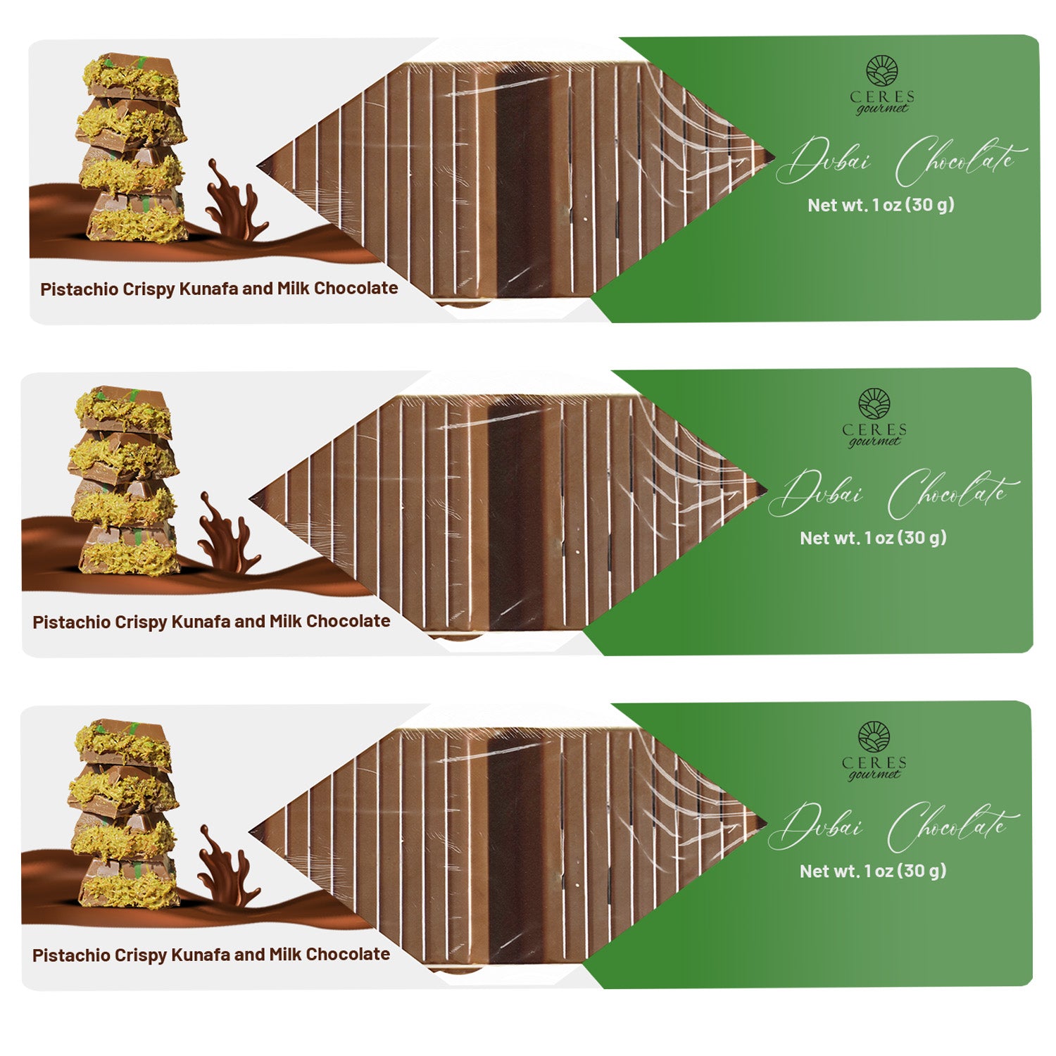 Three identical Ceres Gourmet Pistachio Kataifi Bars wrappers, each 1 oz, showcase stacks of chocolate treats in green and white—a perfect gourmet Dubai chocolate gift available in 3 or 5 packs.