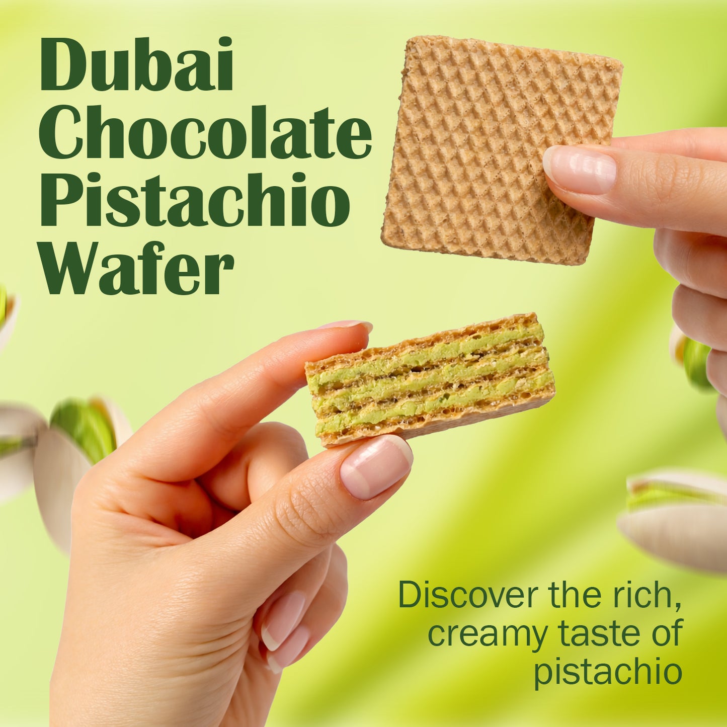 Hand holding a Dubai Chocolate Pistachio Wafer with a green background