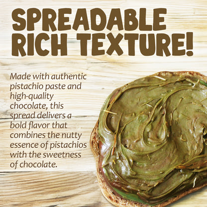 Spreadable pistachio chocolate spread on a wooden surface with text describing its texture and ingredients.