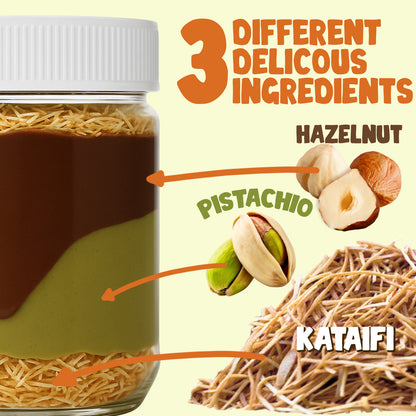 Jar with layered ingredients labeled hazelnut, pistachio, and kataifi on a light yellow background.