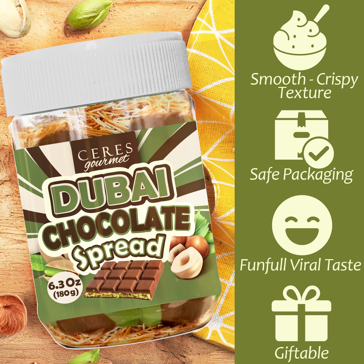 Jar of Ceres Gourmet Dubai Chocolate Spread on a wooden surface with product features listed.