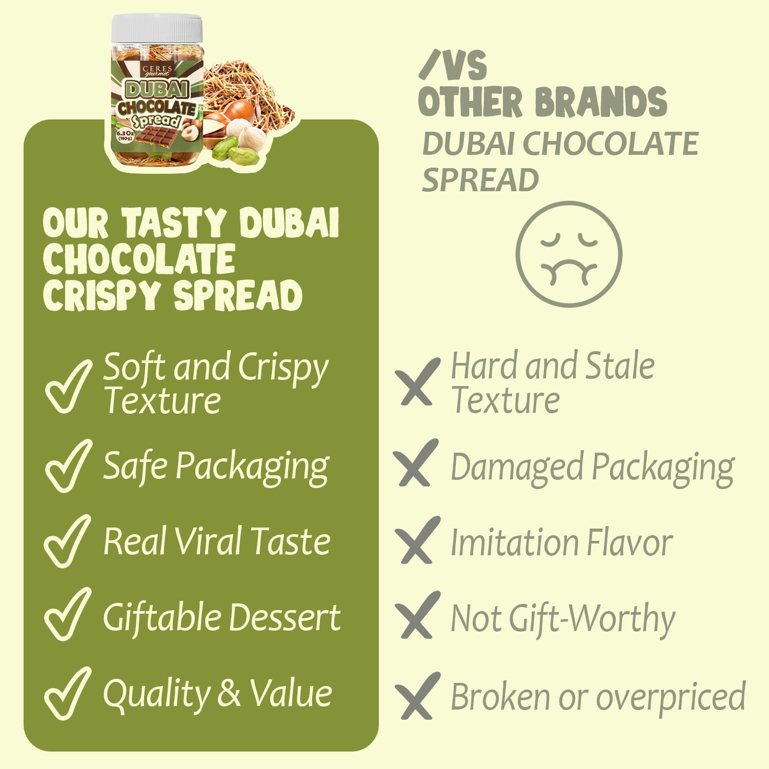 Comparison chart of Dubai Chocolate Crispy Spread with other brands on a green background