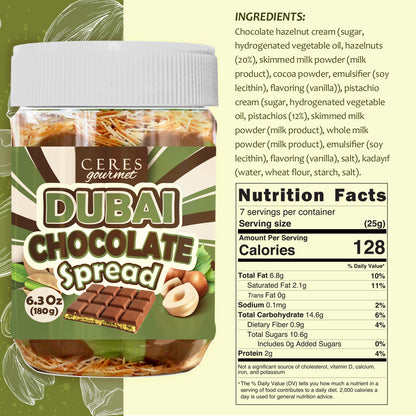 A jar of Ceres Gourmet Dubai Chocolate Spread (6.35 oz) for breakfast, snacks, and desserts is displayed on a green background with chocolate pieces, hazelnuts, and pistachio chocolate. Nutrition facts and ingredients appear on the right.